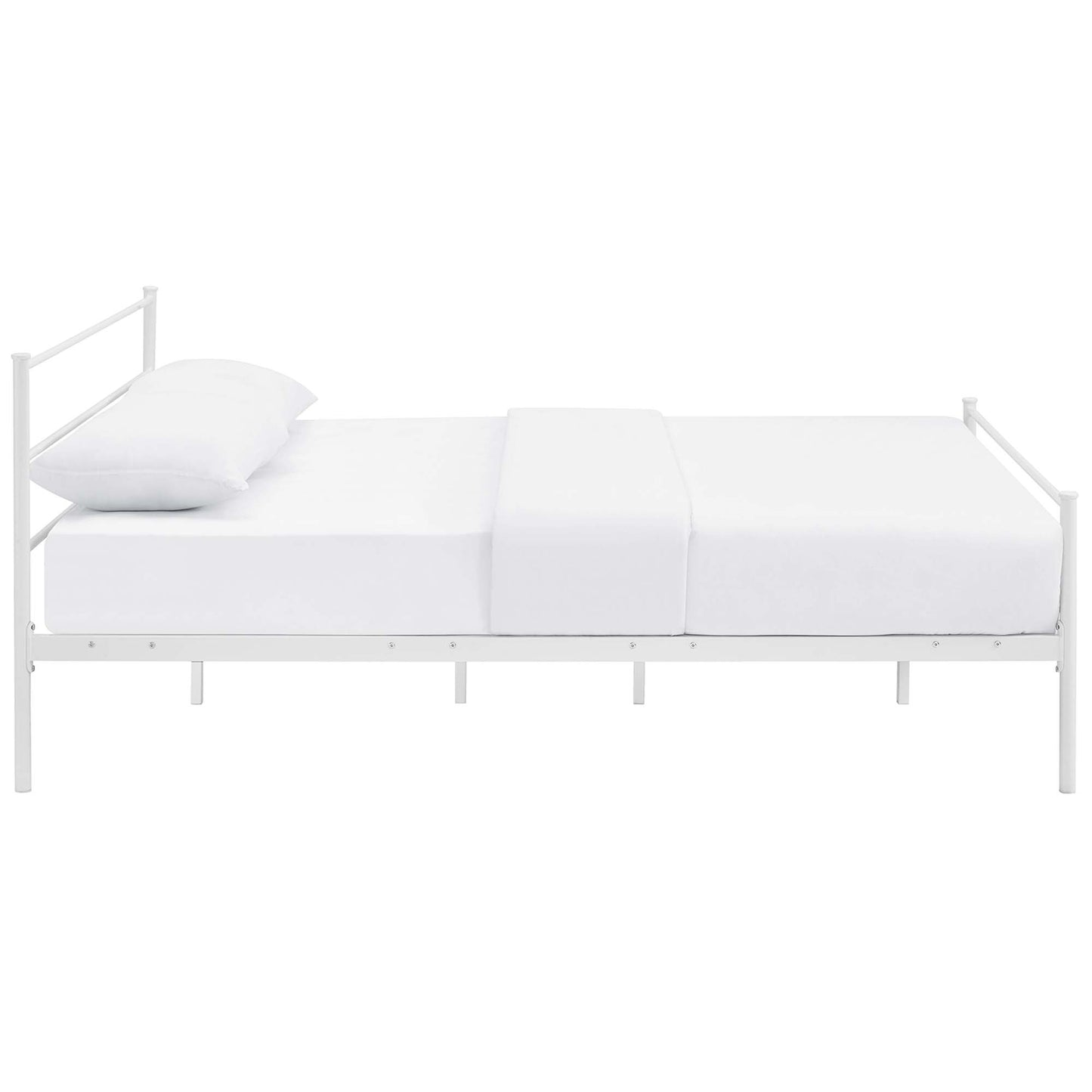 White metal platform queen bed frame & white bedding & a pillow, minimalist contemporary style.