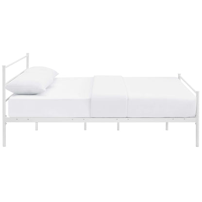 White metal platform queen bed frame & white bedding & a pillow, minimalist contemporary style.