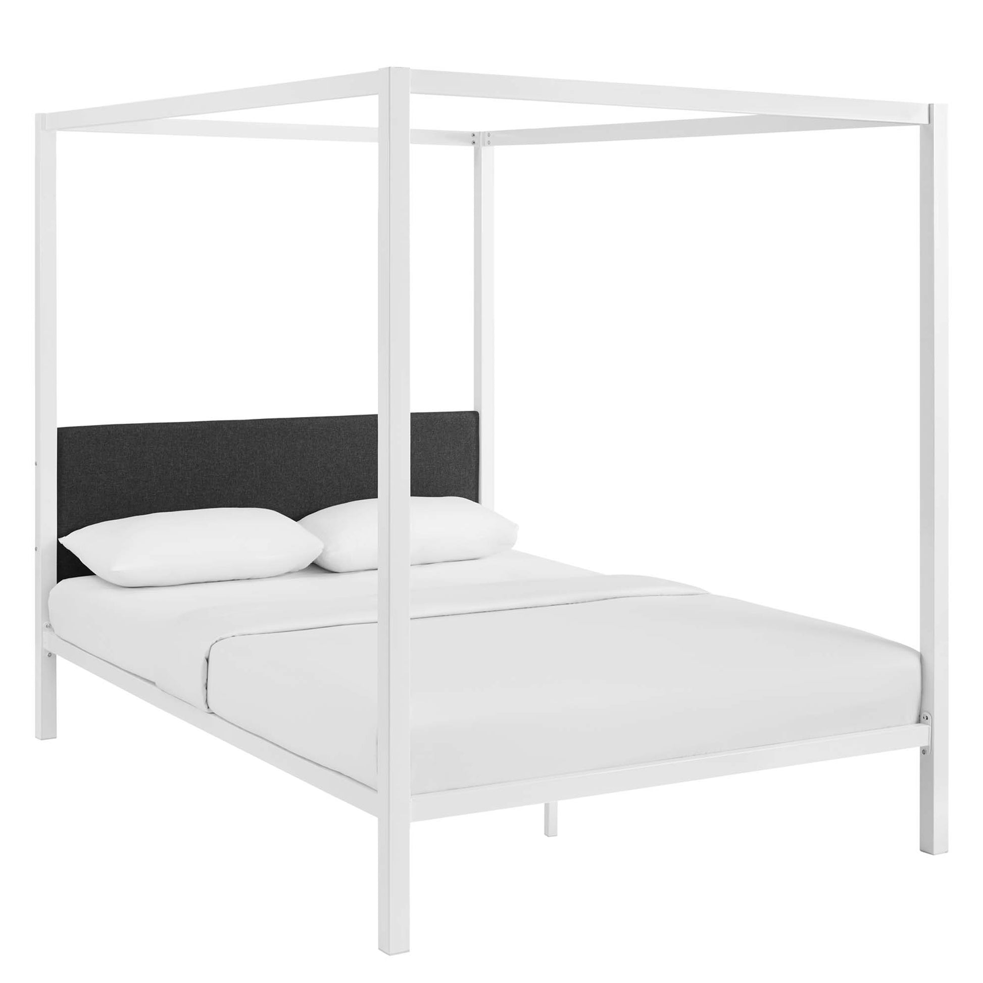 White canopy bed frame with gray upholstered headboard, dressed in white sheets and pillows.