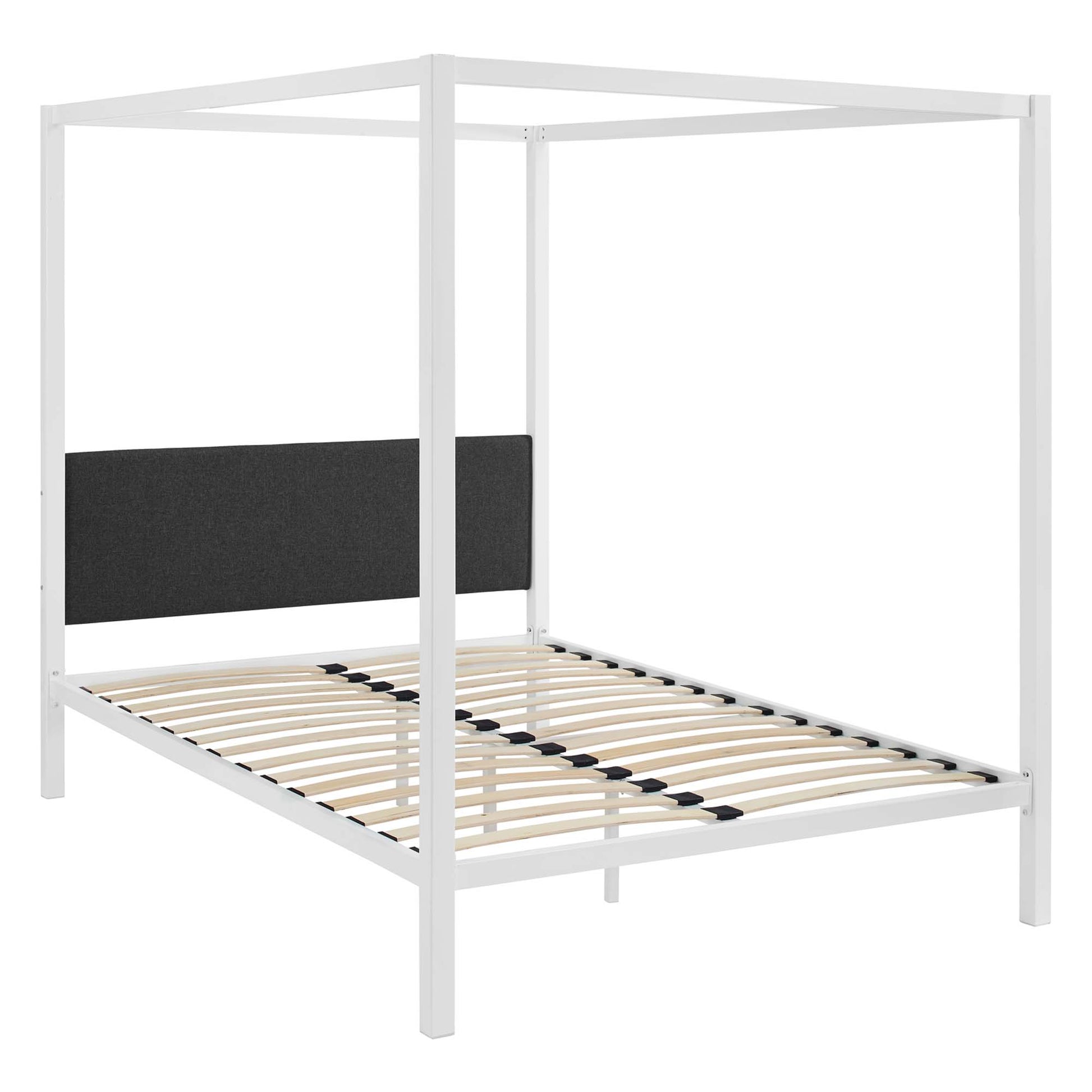 White wooden canopy bed frame with gray fabric headboard and slatted wood base.