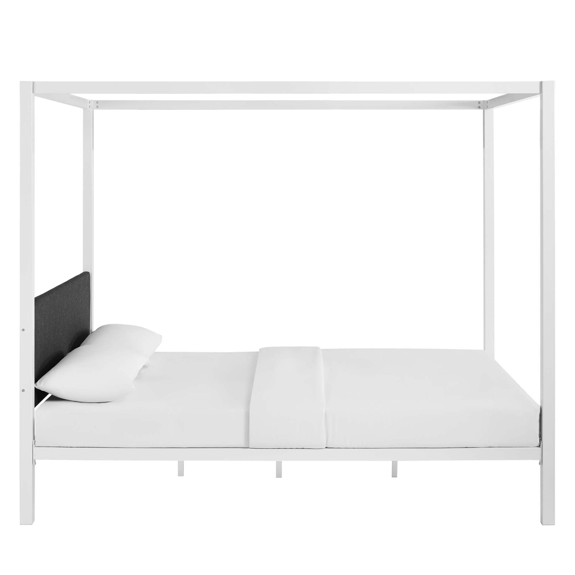 White canopy bed frame with gray upholstered headboard and white bedding.