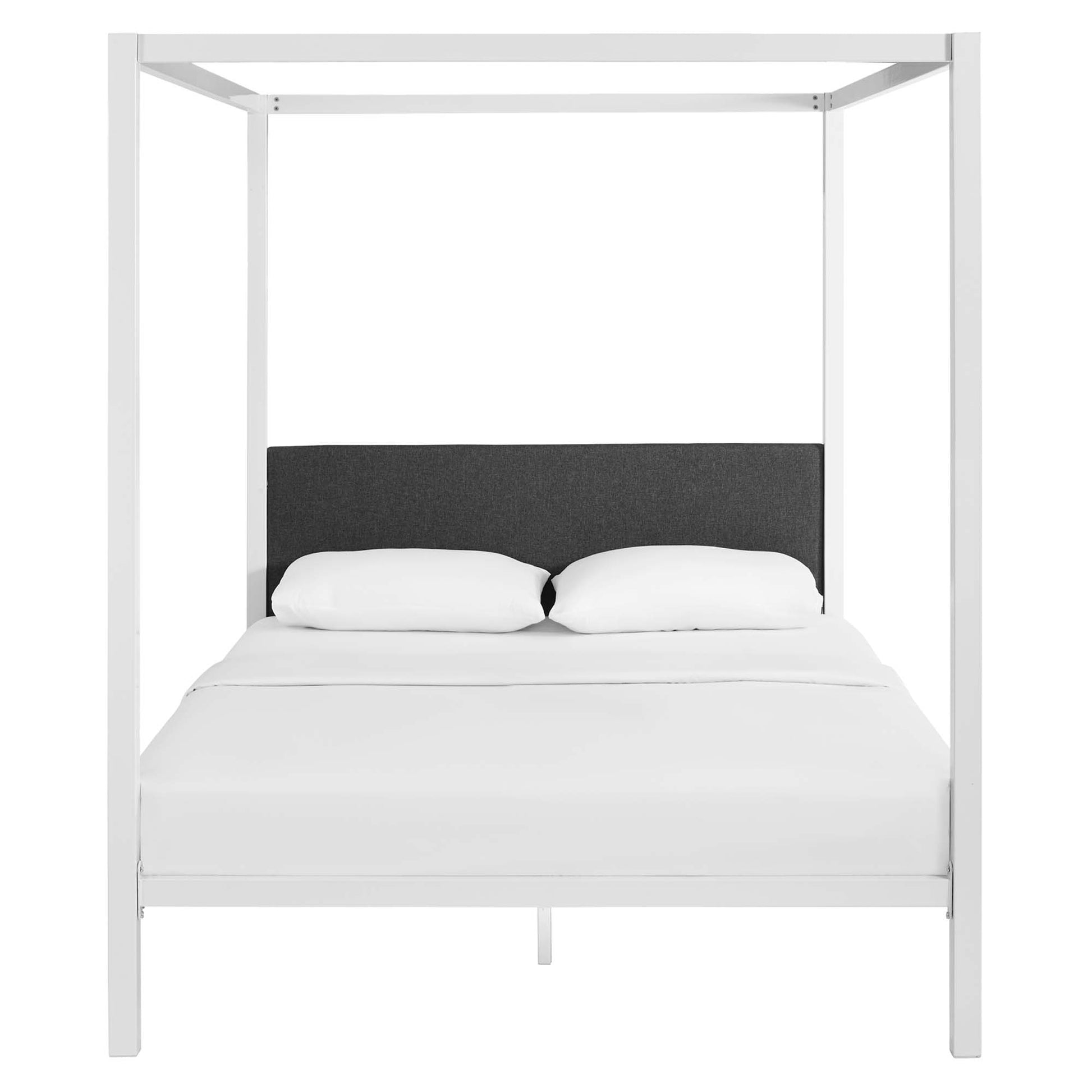 White metal canopy bed with dark gray upholstered headboard and white bedding.