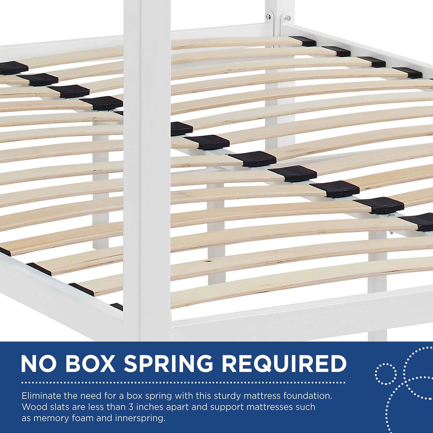 Close-up of white metal bed frame with natural wood slats and black plastic spacers.