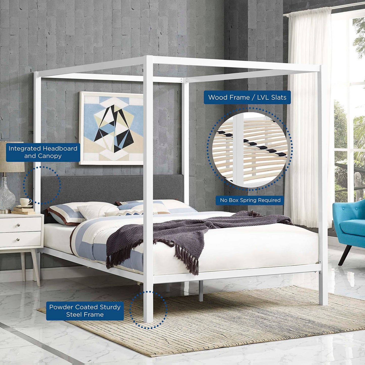White powder-coated steel canopy bed frame with integrated headboard, LVL slats, no box spring required, modern bedroom.