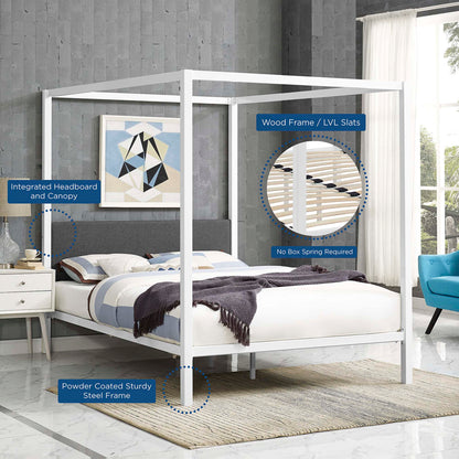 White powder-coated steel canopy bed frame with integrated headboard, LVL slats, no box spring required, modern bedroom.