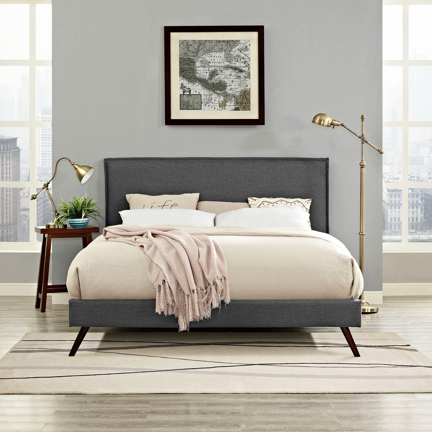 Modway Outlet Camille Fabric Queen Platform Bed with Round Splayed Legs by Modway  Bedroom Furniture Gray - MOD-5633-GRY