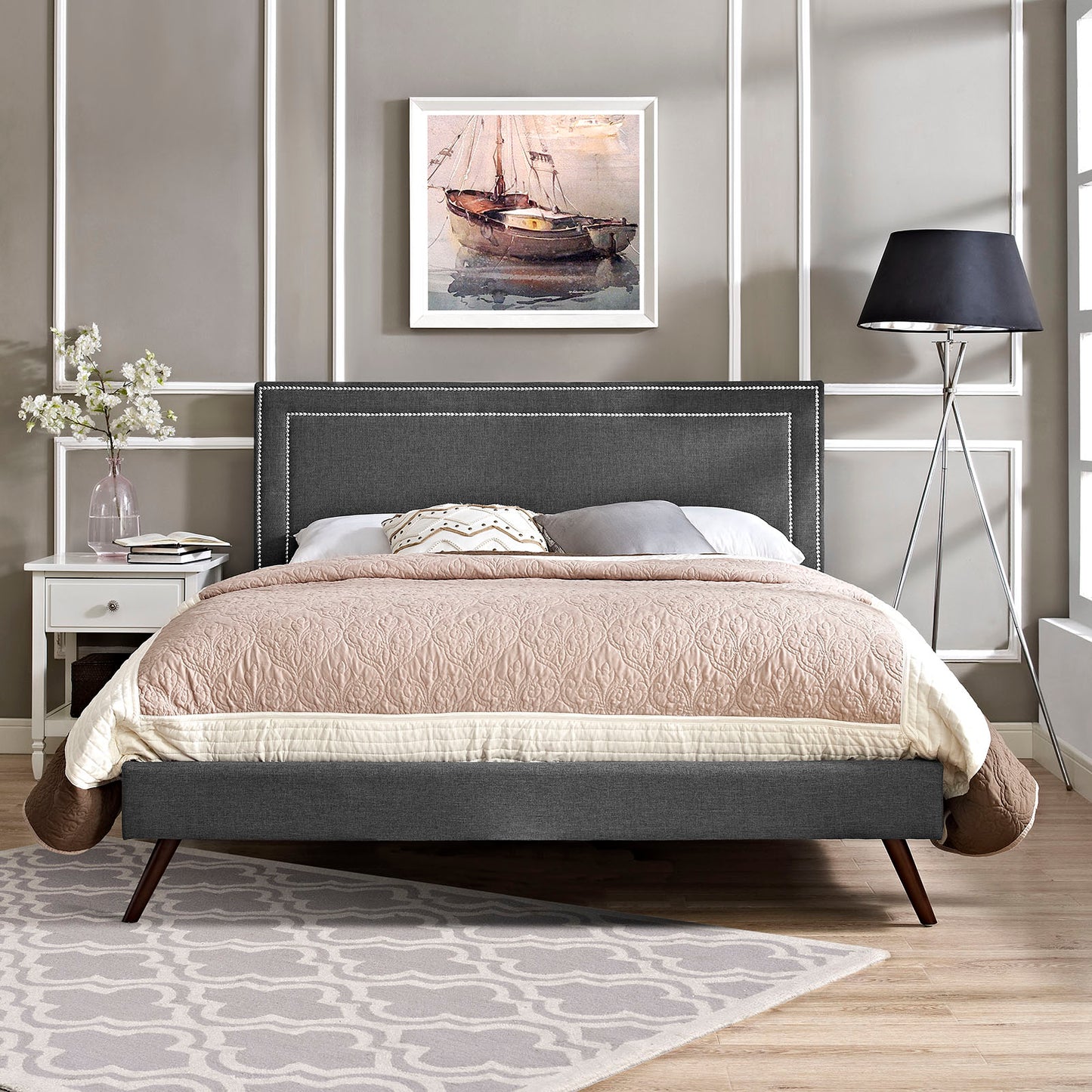 Modway Outlet Jessamine Fabric Queen Platform Bed with Round Splayed Legs by Modway  Bedroom Furniture Gray - MOD-5646-GRY