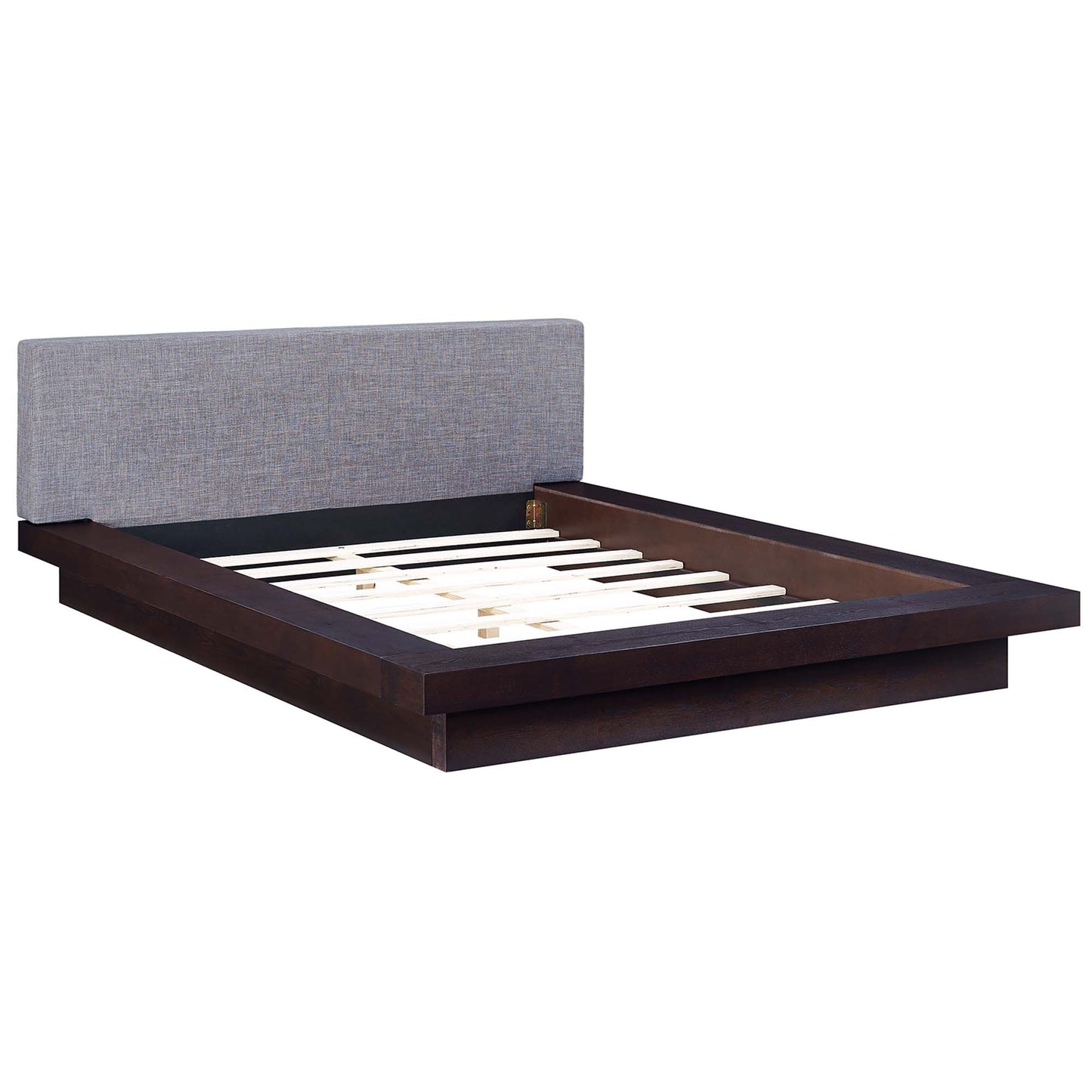 Gray fabric upholstered queen platform bed with headboard and slatted base.