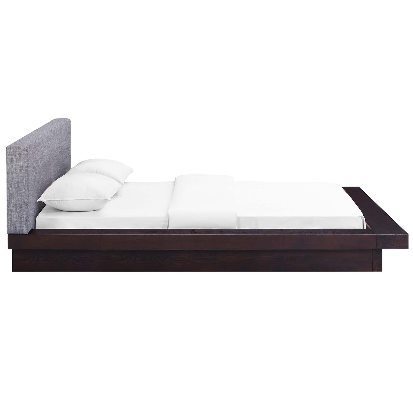 Gray fabric queen platform bed with an upholstered headboard and white bedding, featuring a sleek low-profile modern design.