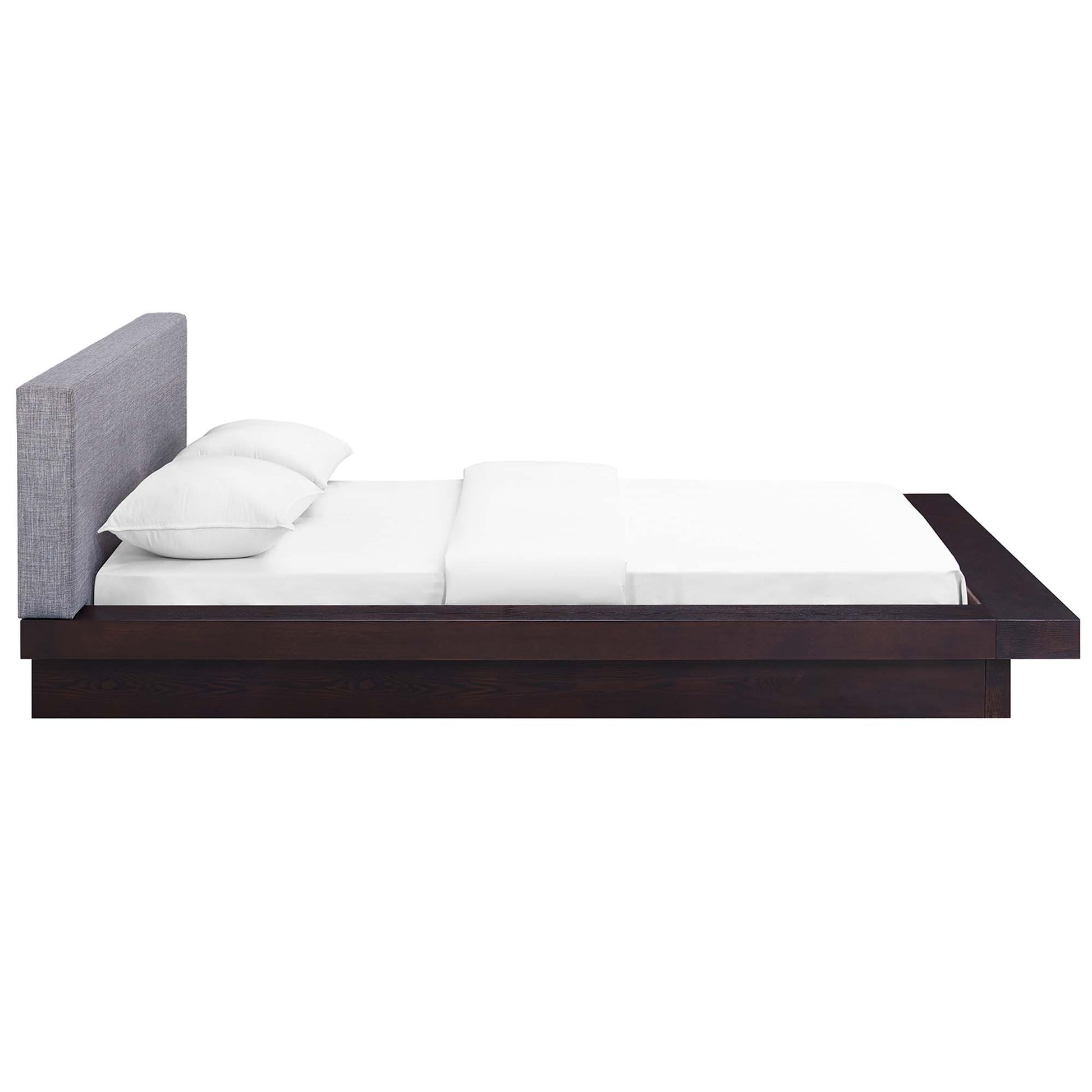 Gray fabric queen platform bed with an upholstered headboard and white bedding, featuring a sleek low-profile modern design.