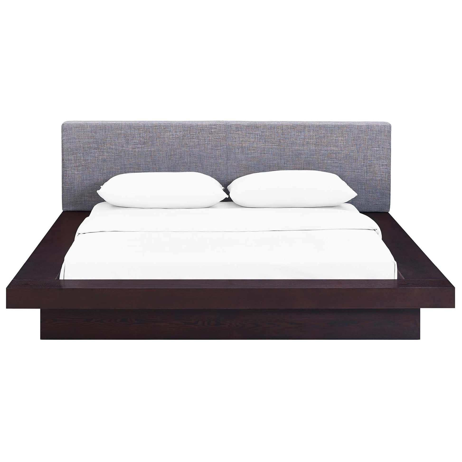Low-profile platform bed with dark espresso wooden frame, gray fabric headboard, and white bedding with two pillows.