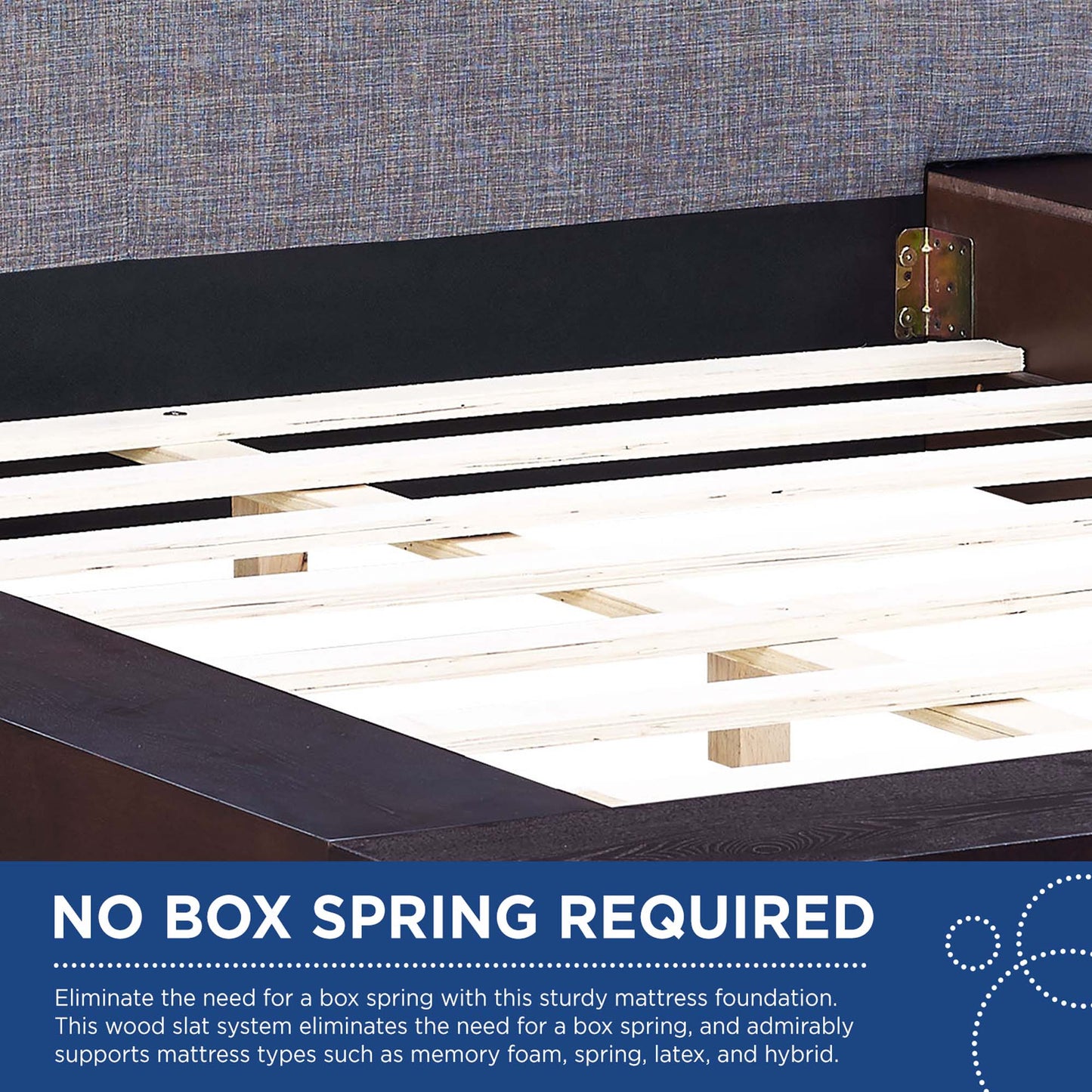 Gray fabric-covered queen platform bed with an upholstered headboard and low-profile frame; visible slats; no box spring required.