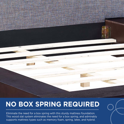 Gray fabric-covered queen platform bed with an upholstered headboard and low-profile frame; visible slats; no box spring required.