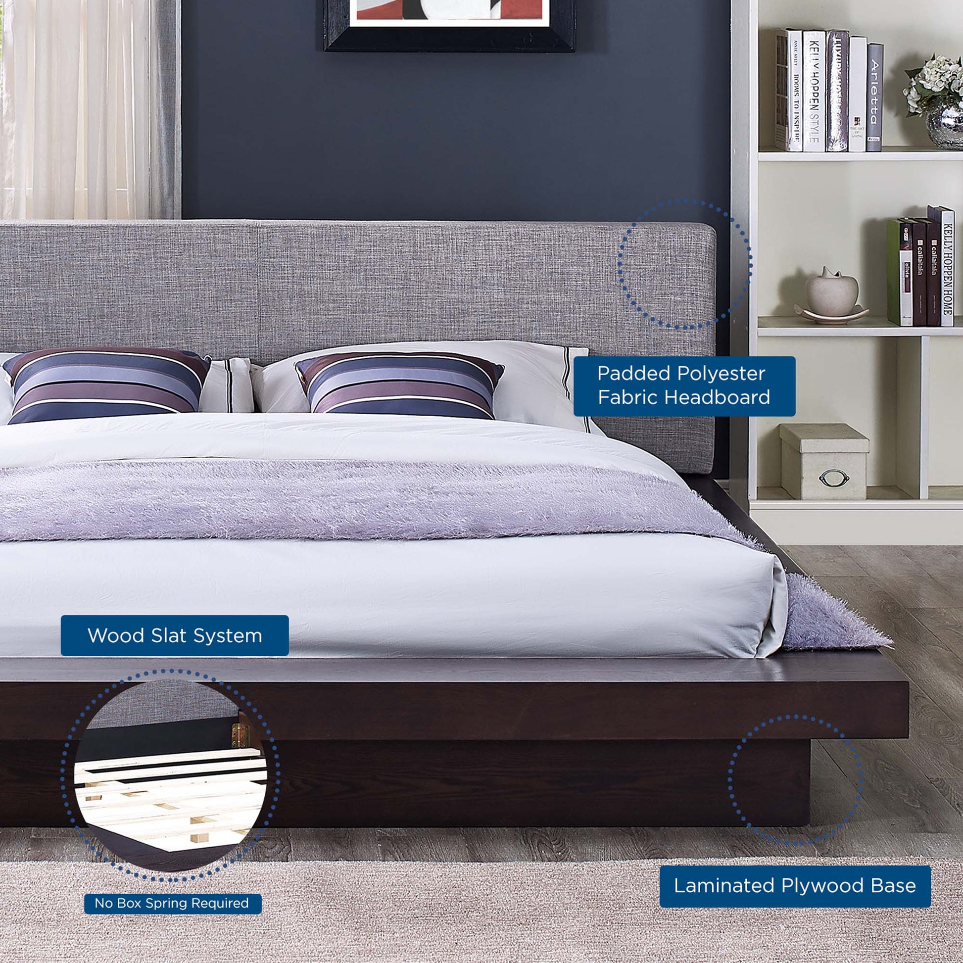 Gray padded fabric headboard on dark wood platform bed with wood slat system and laminated plywood base; no box spring.