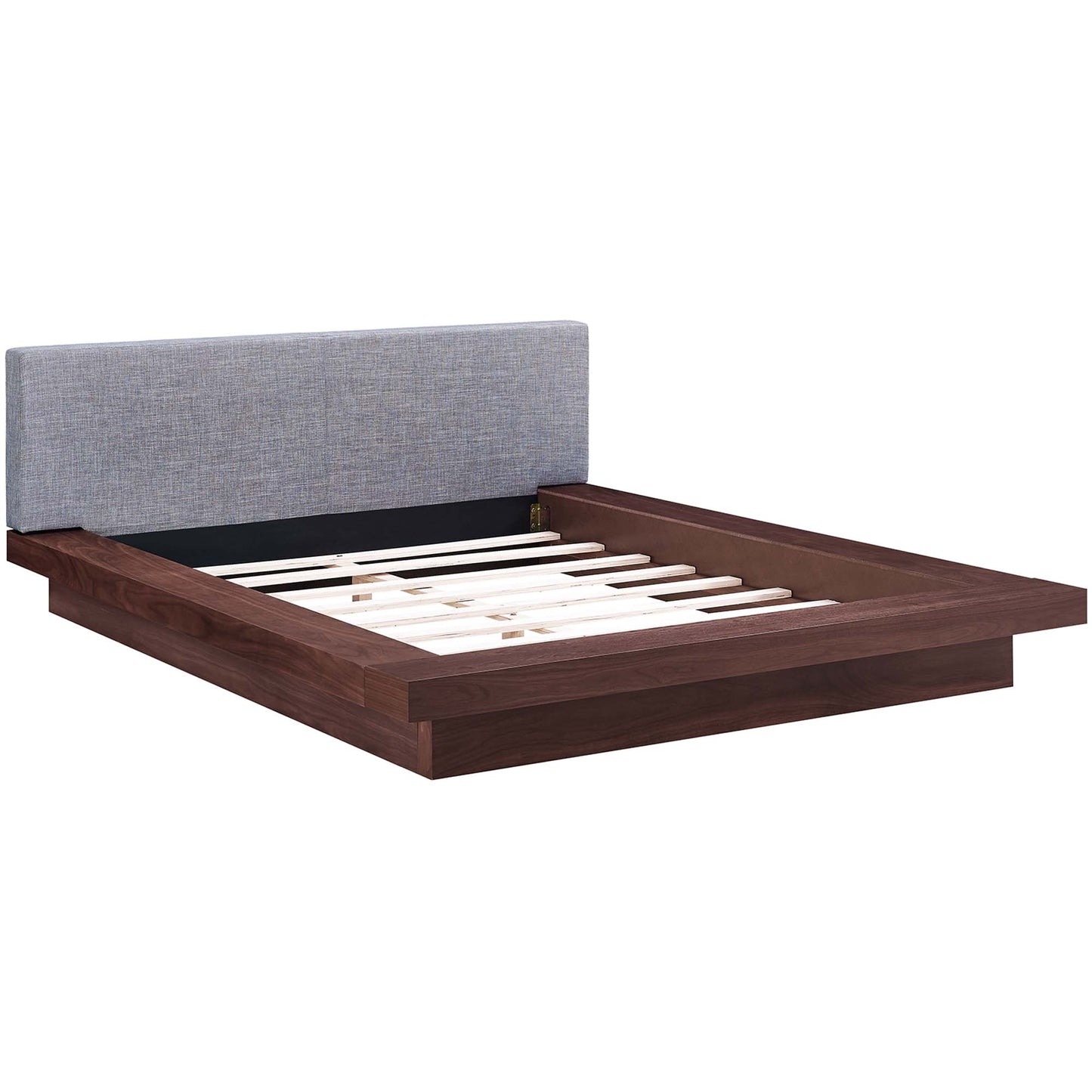 Gray fabric queen-size platform bed with an upholstered headboard and a slatted base.