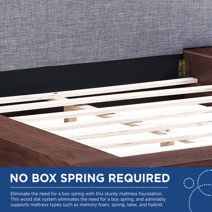 Fabric queen platform bed with light wooden slats and a gray fabric headboard panel.