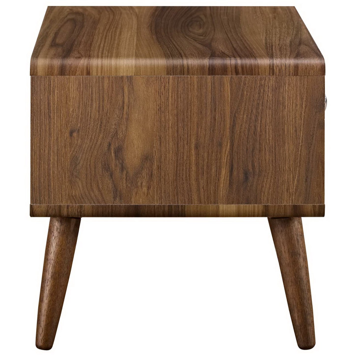 Walnut mid-century storage nightstand with square top and tapered legs.