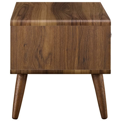 Walnut mid-century storage nightstand with square top and tapered legs.
