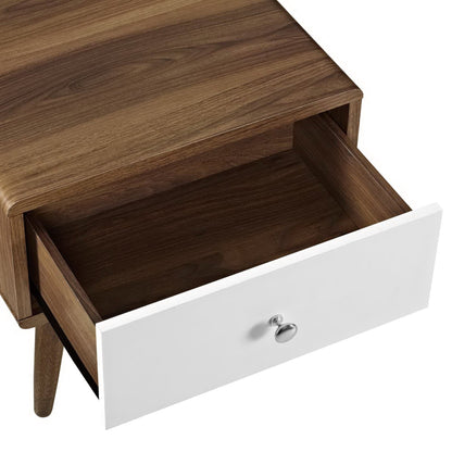 Walnut wood nightstand with a white front drawer, open drawer, silver knob, and tapered legs.