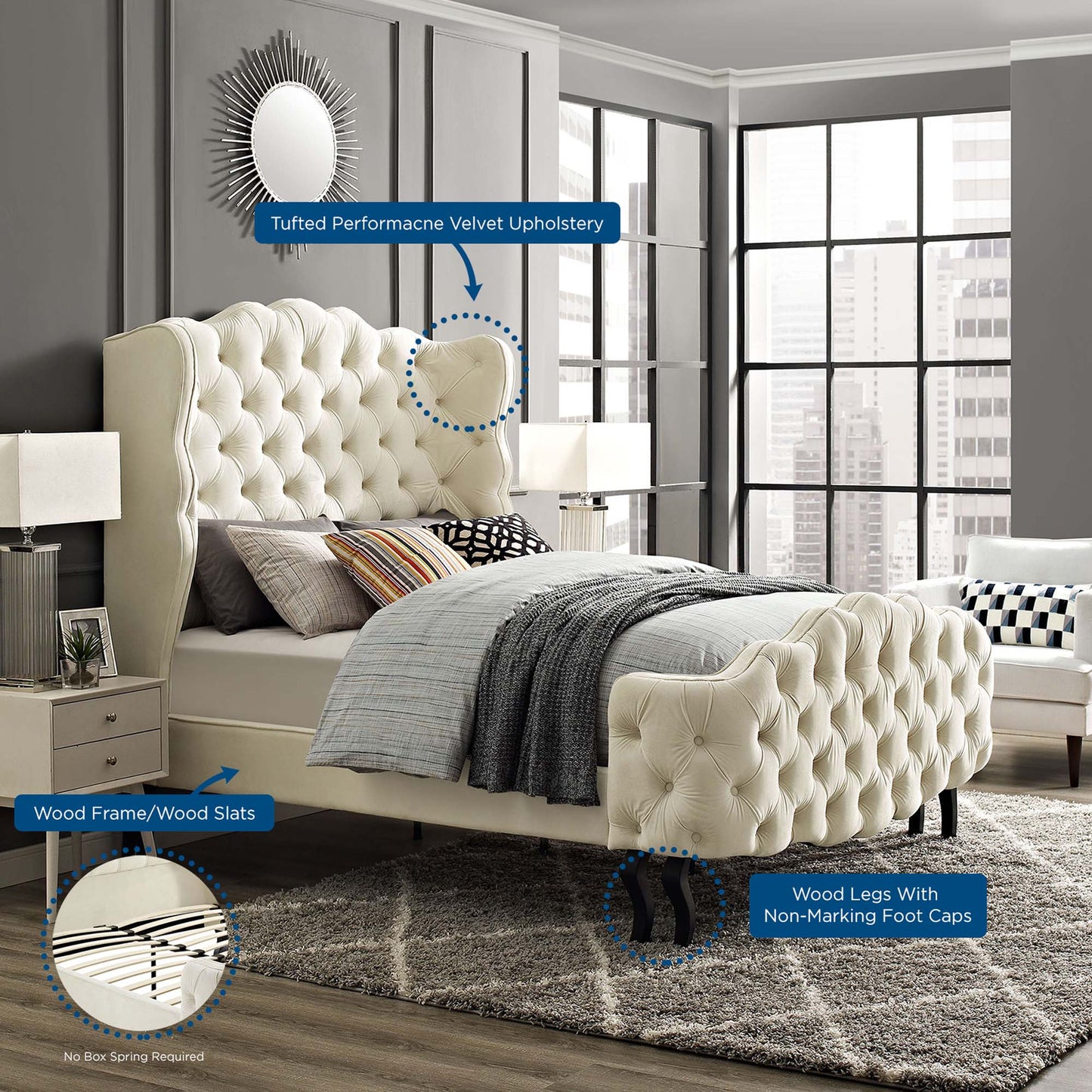 Modway Outlet Violette Tufted Wingback Performance Velvet Queen Platform Bed by Modway  Bedroom Furniture Ivory - MOD-5804-IVO