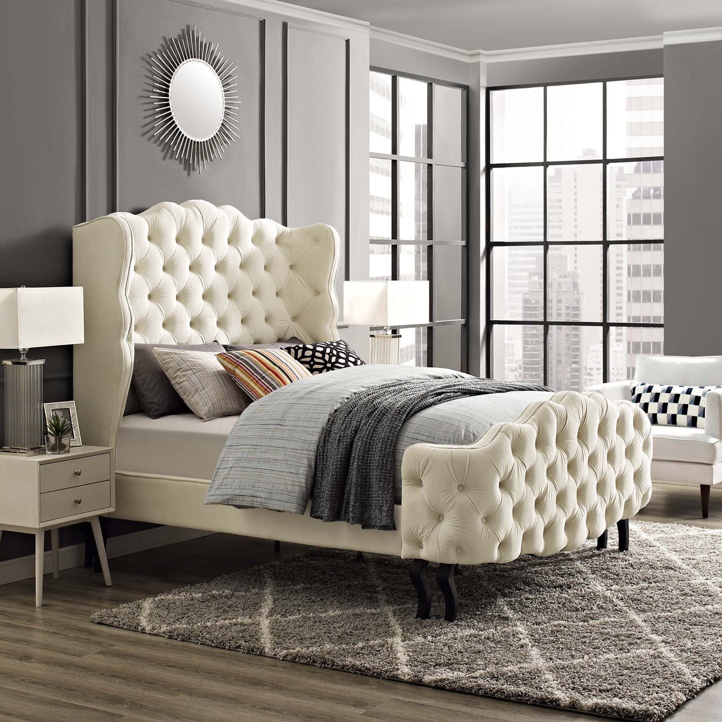 Modway Outlet Violette Tufted Wingback Performance Velvet Queen Platform Bed by Modway  Bedroom Furniture Ivory - MOD-5804-IVO