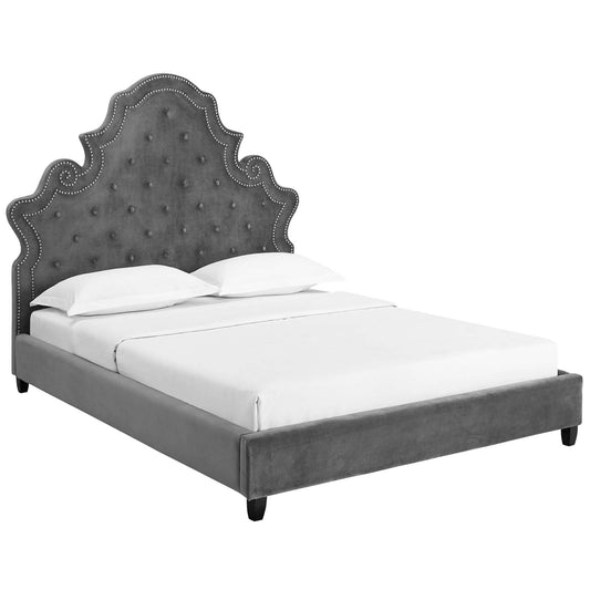 Modway Outlet Valentina Tufted Nailhead Performance Velvet Queen Platform Bed by Modway  Bedroom Furniture Gray - MOD-5808-GRY