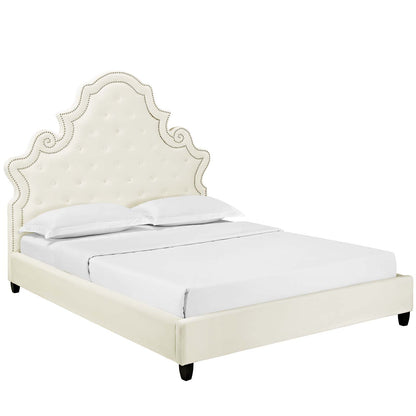 Modway Outlet Valentina Tufted Nailhead Performance Velvet Queen Platform Bed by Modway  Bedroom Furniture Ivory - MOD-5808-IVO