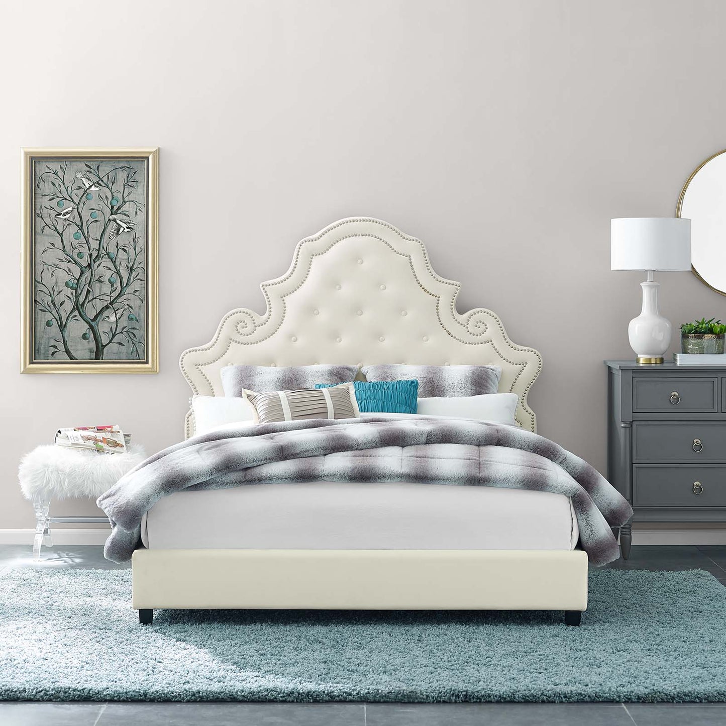 Modway Outlet Valentina Tufted Nailhead Performance Velvet Queen Platform Bed by Modway  Bedroom Furniture Ivory - MOD-5808-IVO