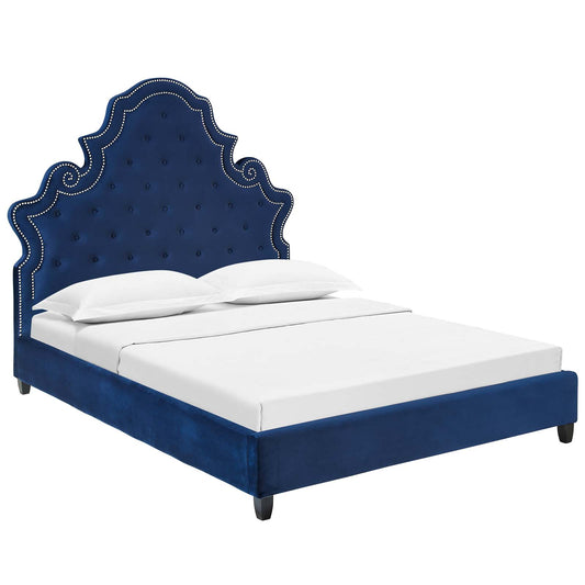 Modway Outlet Valentina Tufted Nailhead Performance Velvet Queen Platform Bed by Modway  Bedroom Furniture Navy - MOD-5808-NAV
