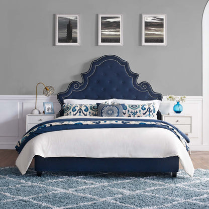 Modway Outlet Valentina Tufted Nailhead Performance Velvet Queen Platform Bed by Modway  Bedroom Furniture Navy - MOD-5808-NAV