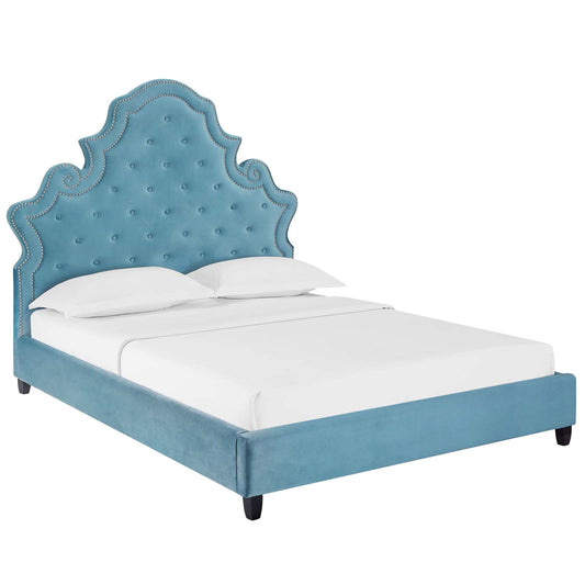 Modway Outlet Valentina Tufted Nailhead Performance Velvet Queen Platform Bed by Modway  Bedroom Furniture Sea Blue - MOD-5808-SEA