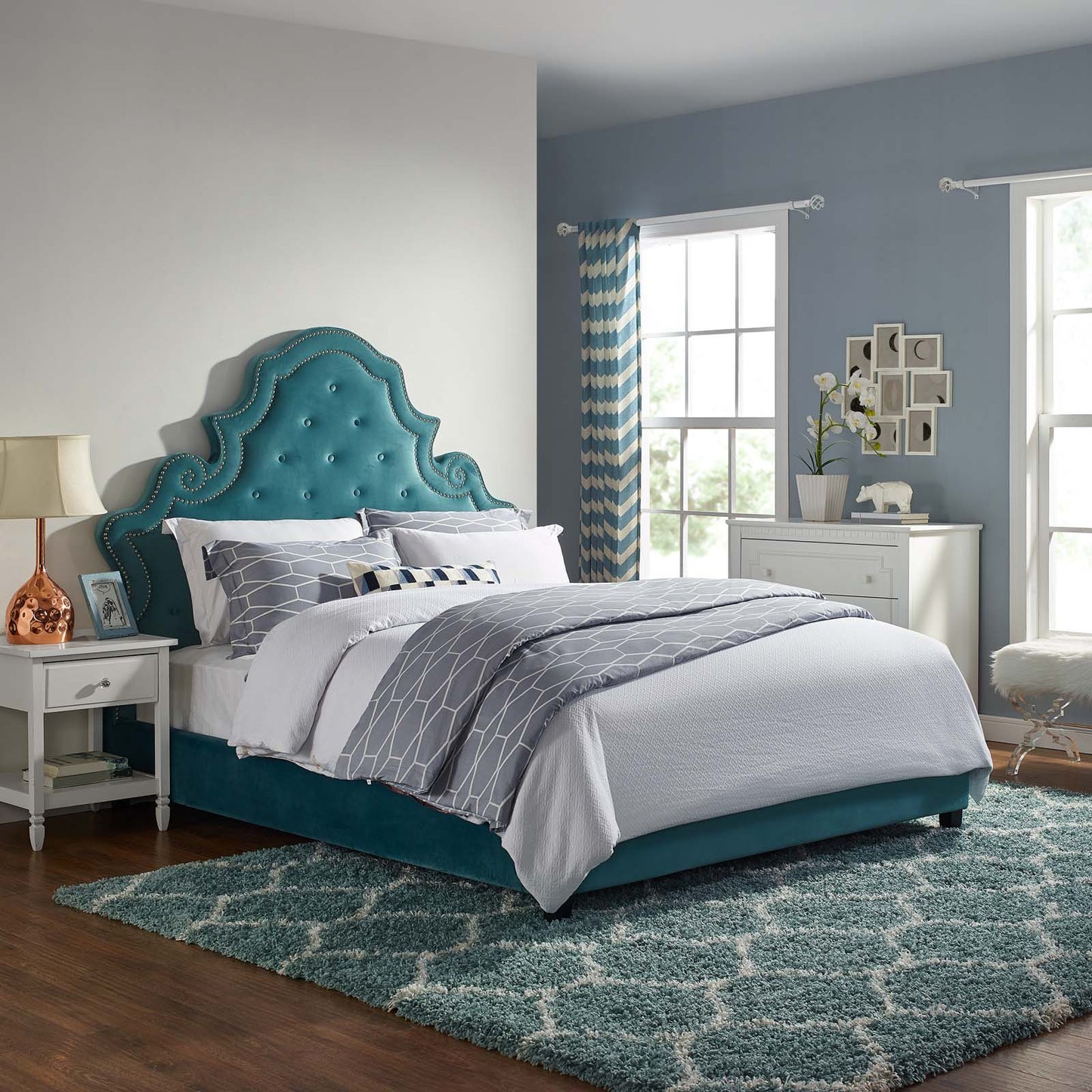 Modway Outlet Valentina Tufted Nailhead Performance Velvet Queen Platform Bed by Modway  Bedroom Furniture Sea Blue - MOD-5808-SEA