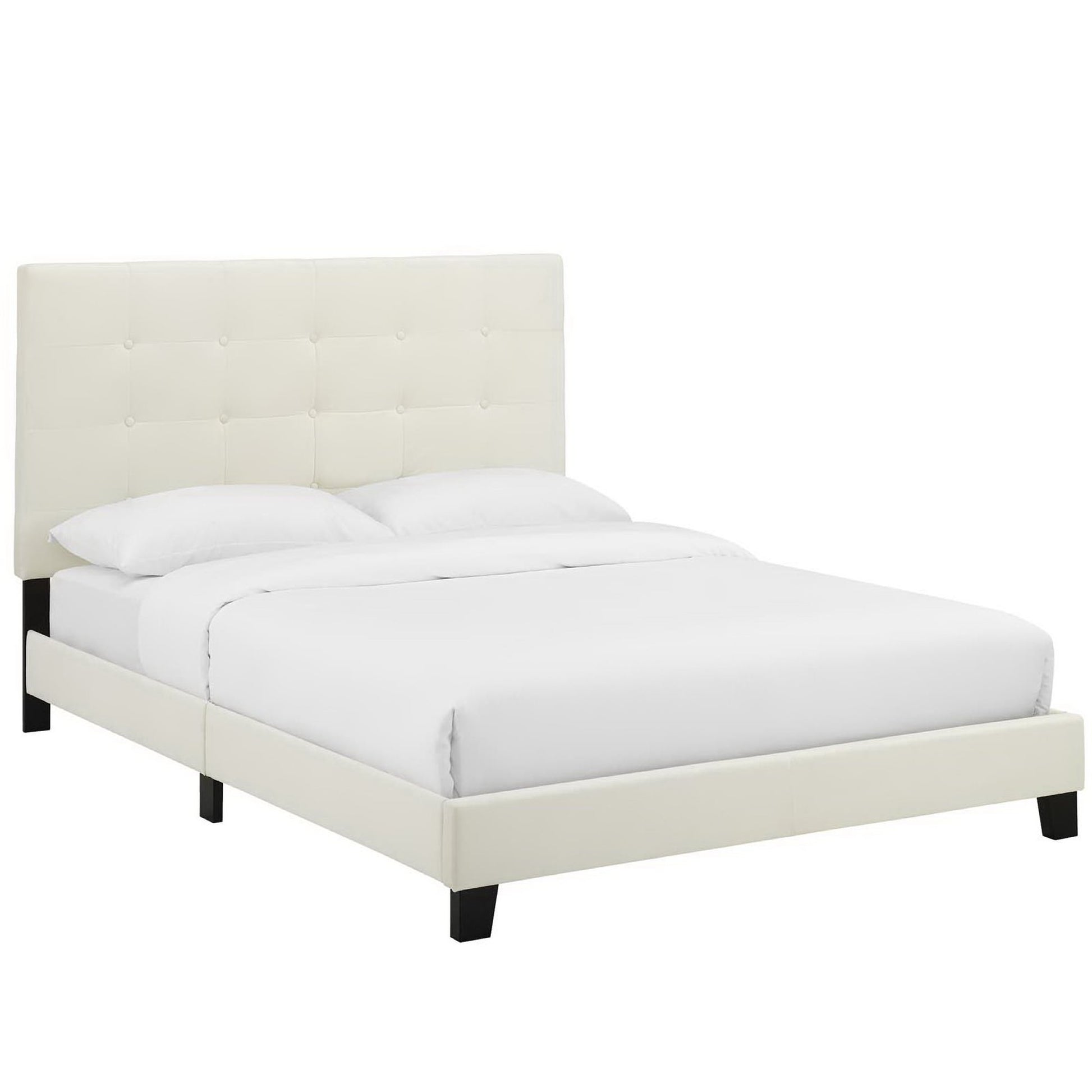 Ivory tufted upholstered platform bed with square headboard and black block legs, modern design.