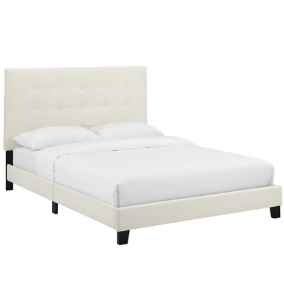 Ivory tufted upholstered platform bed with square headboard and black block legs, modern design.