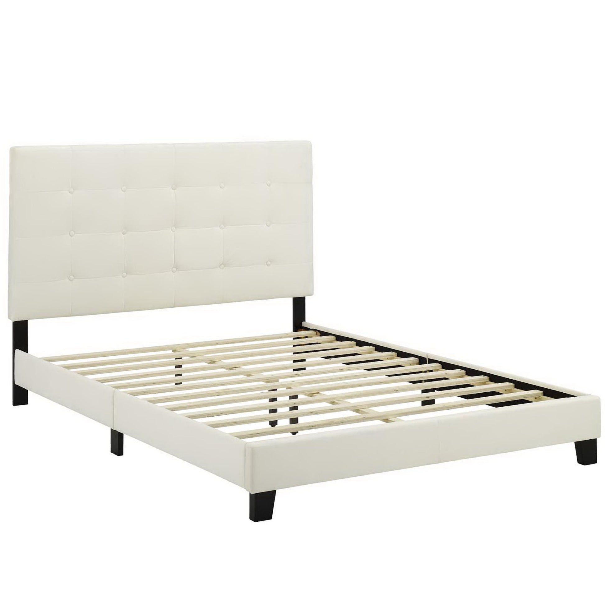 Ivory tufted headboard platform bed with wooden slats and black legs.