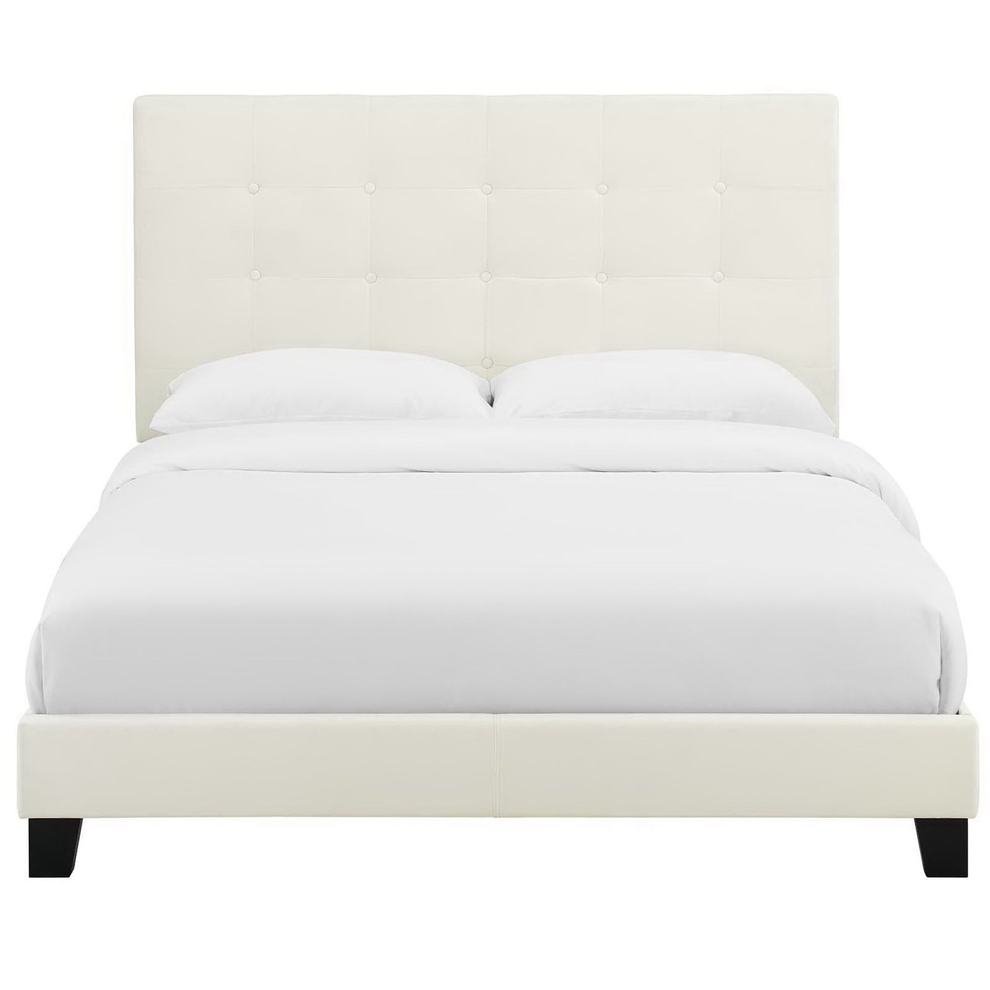 Ivory upholstered full platform bed with button-tufted headboard and white bedding.