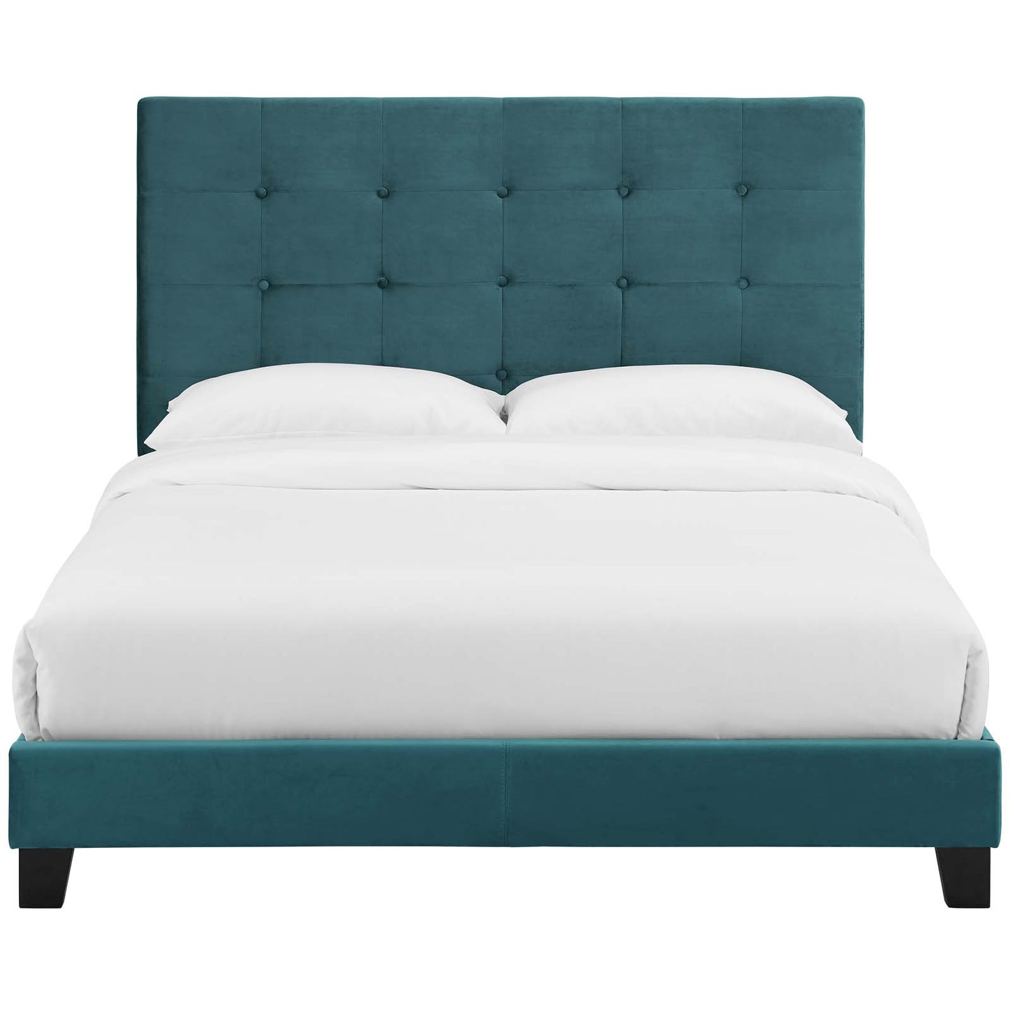 Sea blue tufted button upholstered full platform bed with a tall headboard, low rails, and dark wooden legs, dressed in white bedding.