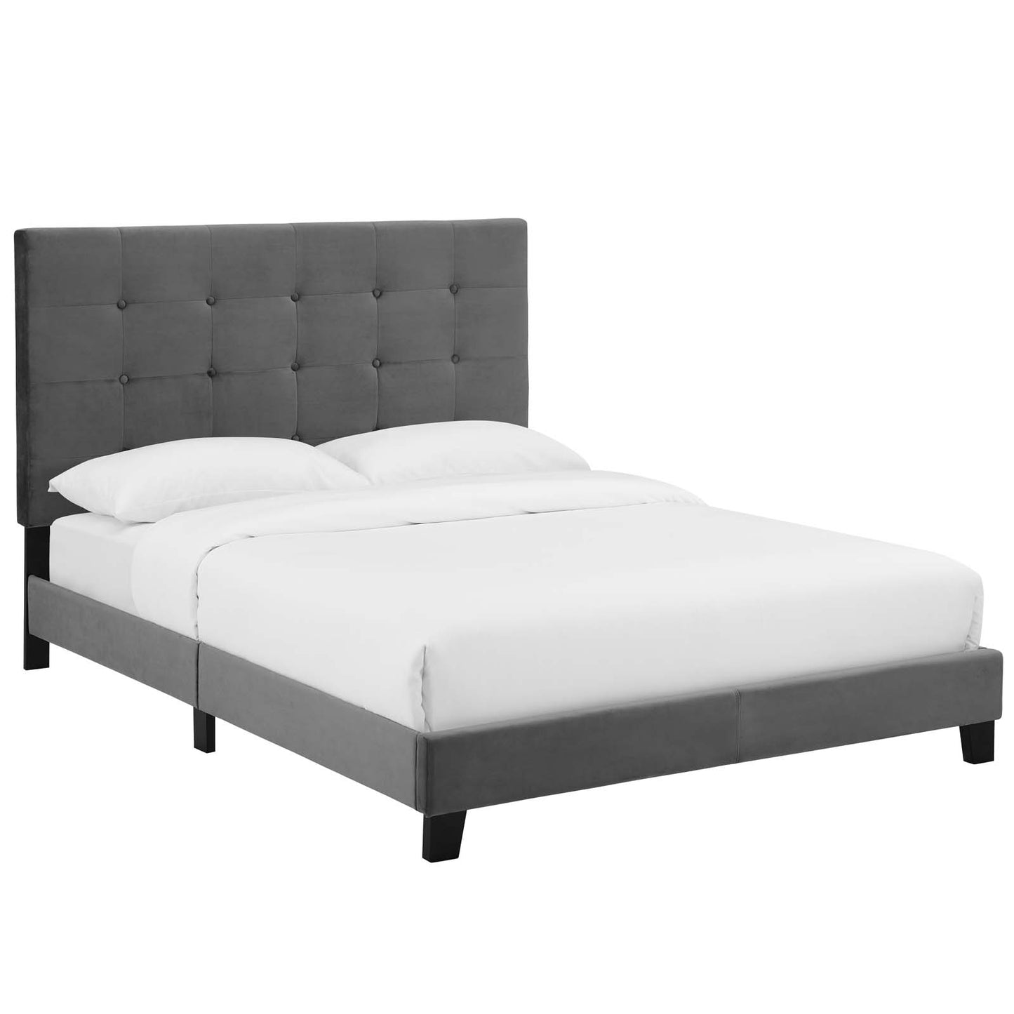 Gray velvet button-tufted queen platform bed with a tall tufted headboard, low frame and black legs
