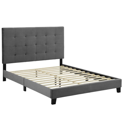Gray fabric platform bed frame with a tall tufted headboard, slatted wooden support, and black square legs.