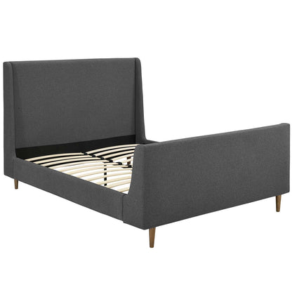 Gray fabric bed frame with tall headboard, low footboard, wooden legs, and slatted bed base.
