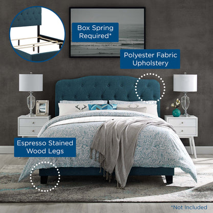 Azure tufted bed with espresso wood legs, polyester upholstery; box spring required; modern nightstands & blue bedding