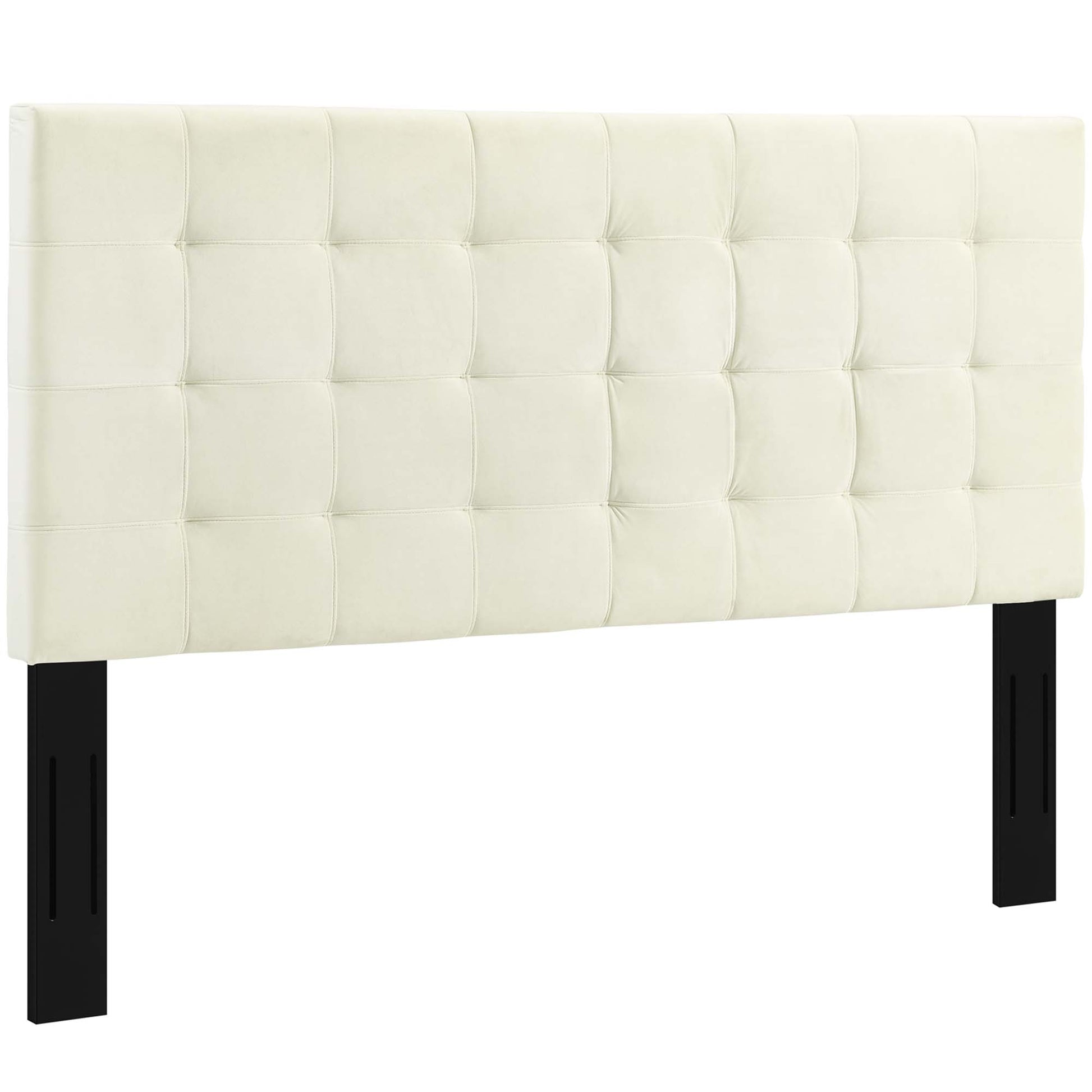 Ivory tufted headboard with square grid tufting in performance velvet.