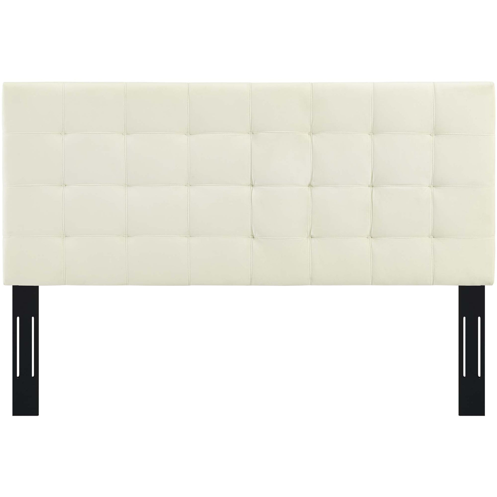 Ivory padded headboard with square tufting and black metal legs.