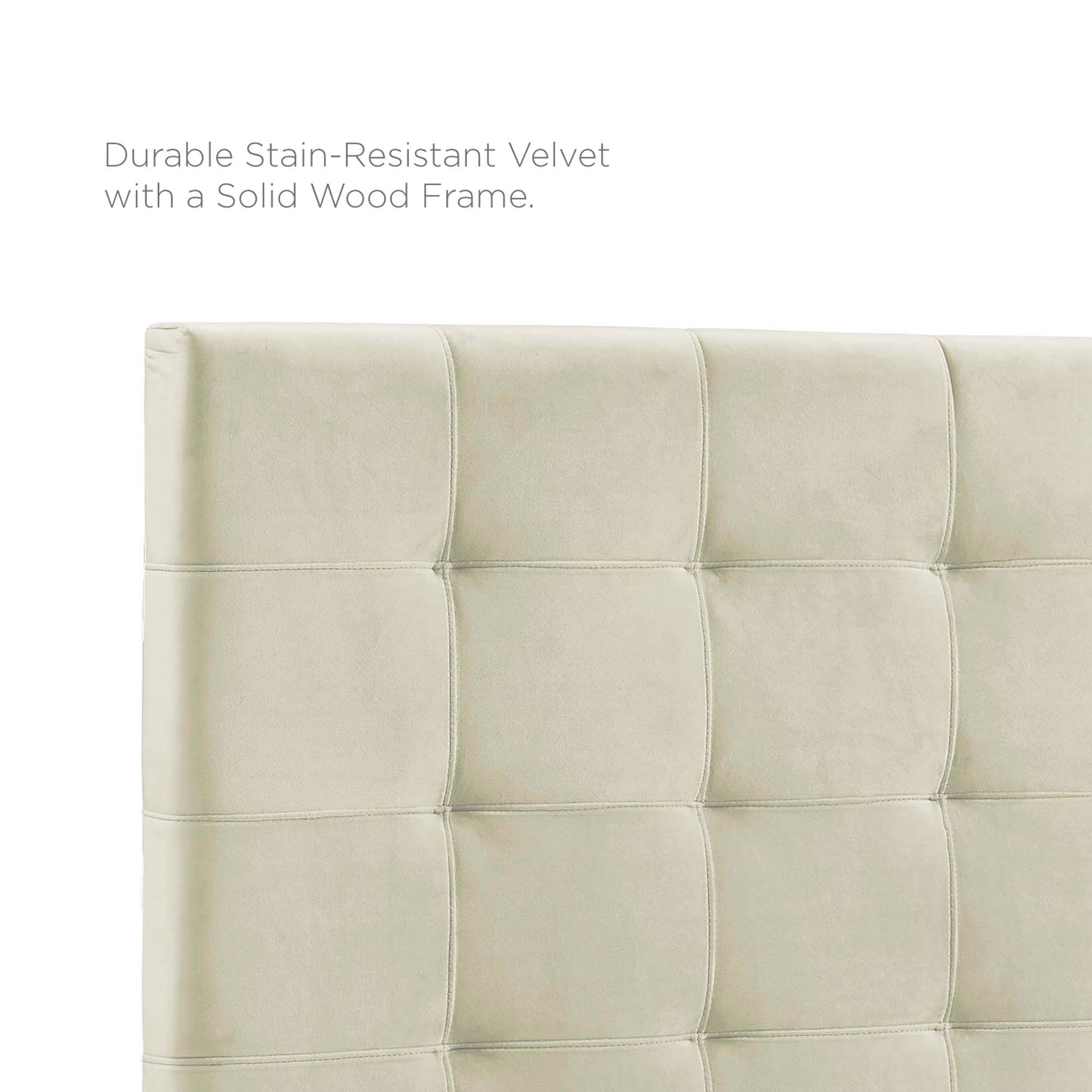 Ivory velvet tufted headboard with square panels and a solid wood frame.
