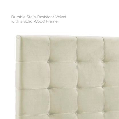 Ivory velvet tufted headboard with square panels and a solid wood frame.