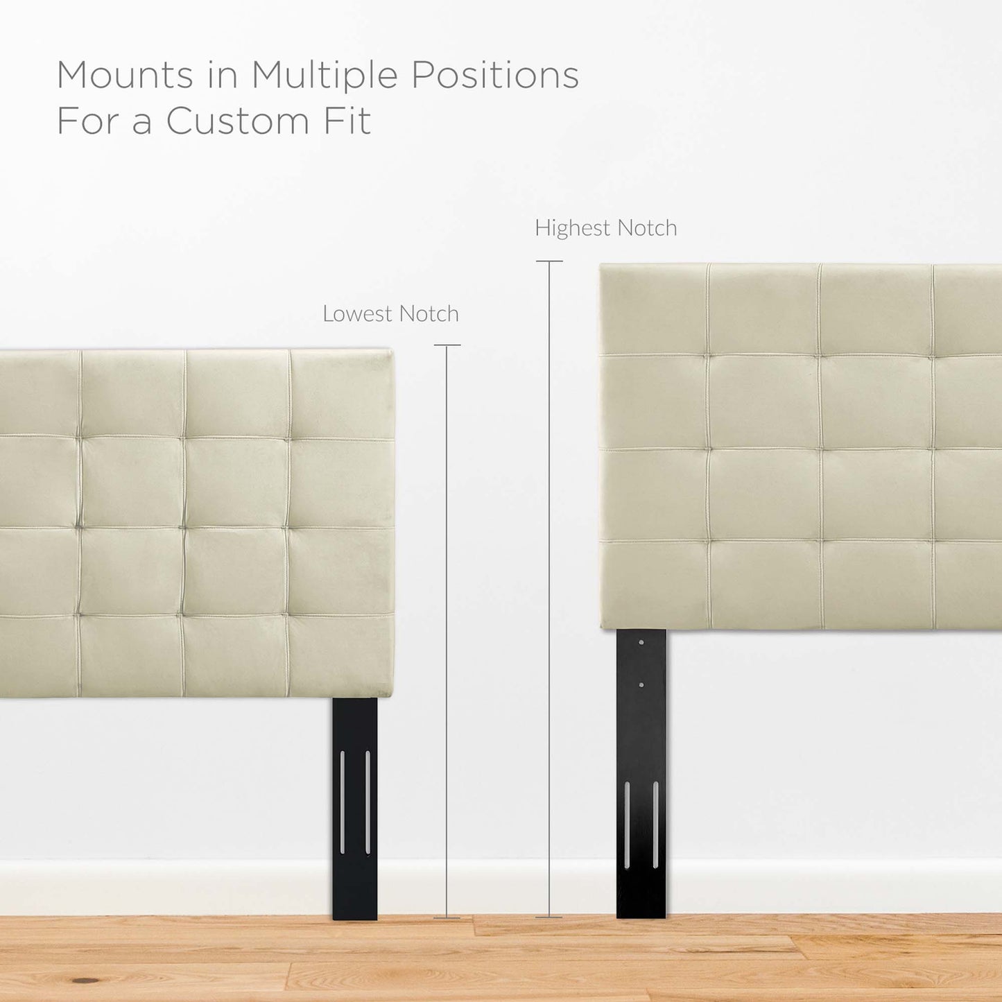 Ivory tufted headboard panels with square grid, mounted on black steel legs with vertical slits for adjustable height.