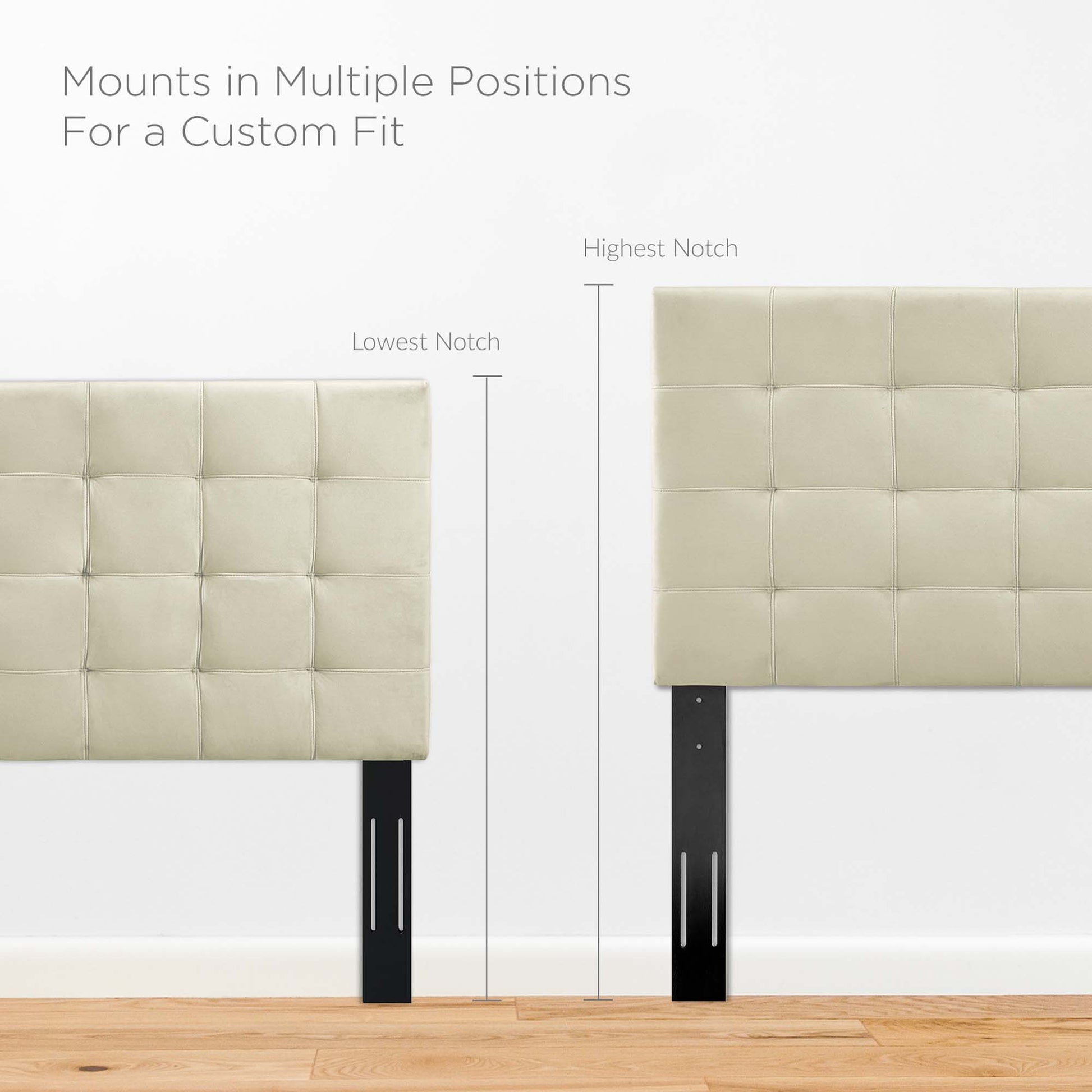 Ivory tufted headboard panels with square grid, mounted on black steel legs with vertical slits for adjustable height.