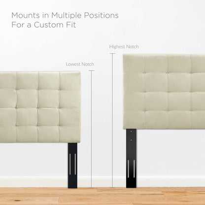 Ivory tufted headboard panels with square grid, mounted on black steel legs with vertical slits for adjustable height.
