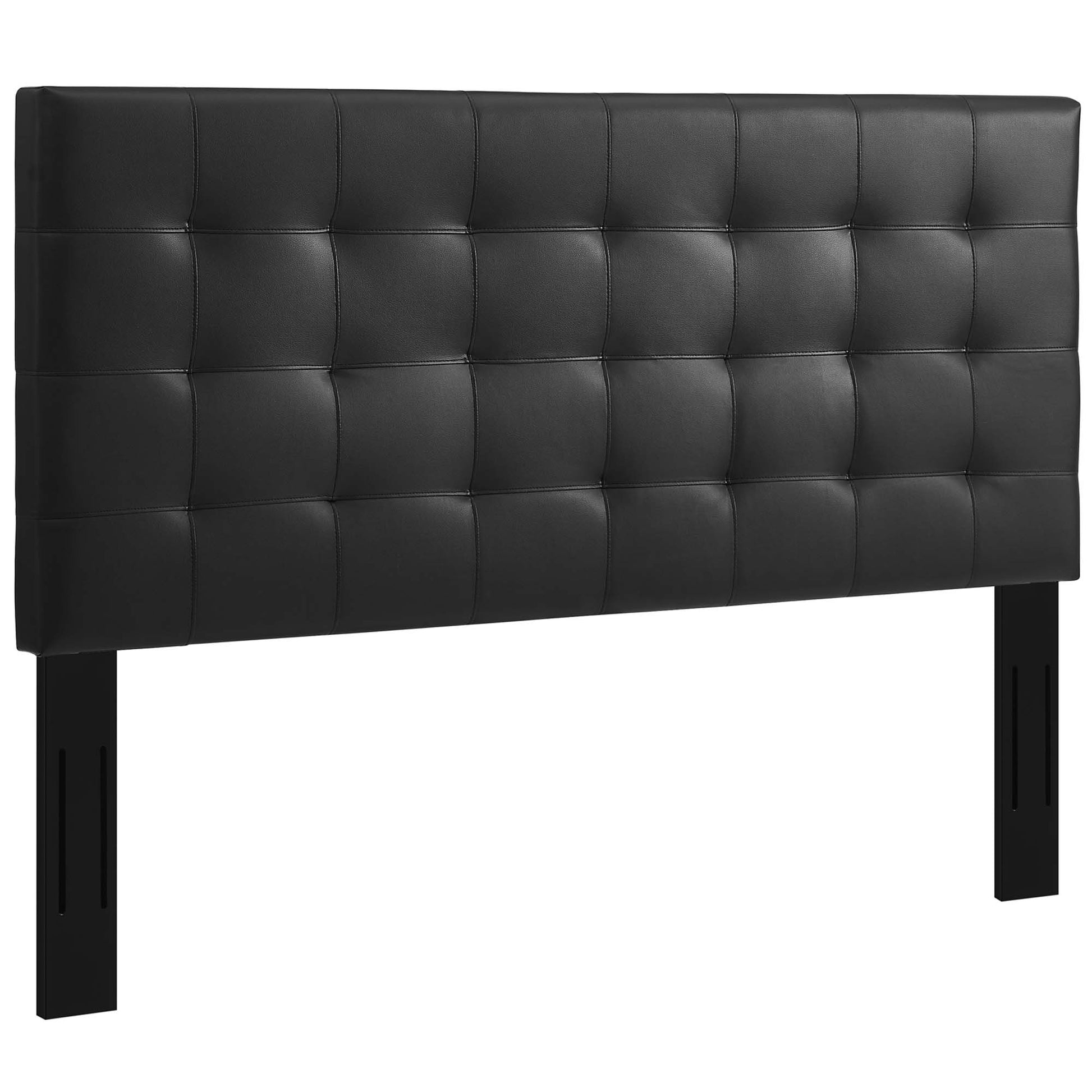 Black tufted headboard with square-tufted faux leather upholstery & tall rectangular legs.