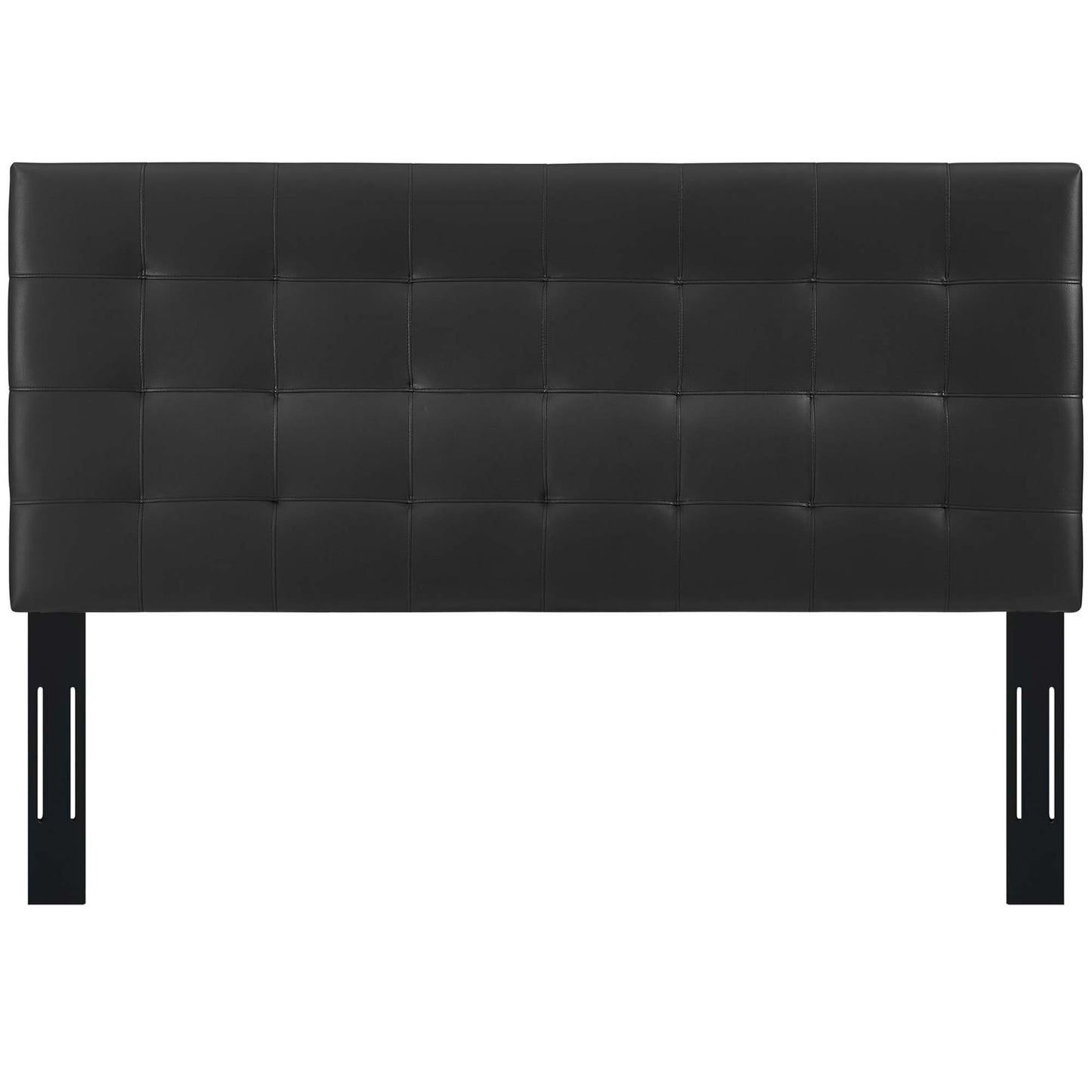 Black tufted headboard with square quilted pattern.